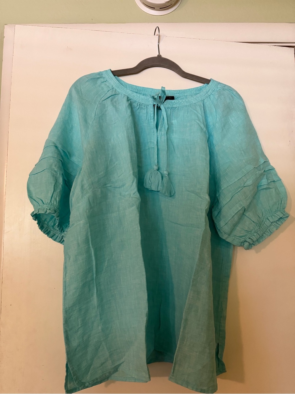 Talbots Aqua Linen Peasant Blouse with Tassel Tie